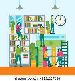 reading a book, library website or online book shop website mobile site concept, modern web banner header, vector flat style illustration.