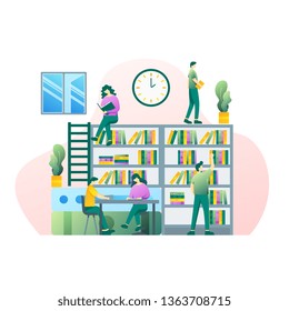 reading a book, library website or online book shop website mobile site concept, modern web banner header, vector flat style illustration.