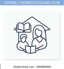 Reading book line icon. Child learns to translate text with mom. Home education concept. Distant remote teaching and homeschooling. Editable vector illustration