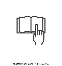 Reading book line icon. linear style sign for mobile concept and web design. Hand pointing on open book pages outline vector icon. E-learning symbol, logo illustration. Vector graphics