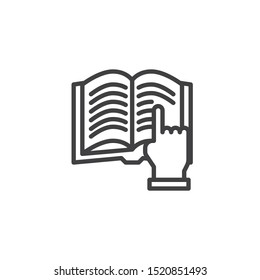 Reading book line icon. linear style sign for mobile concept and web design. Finger pointing to book outline vector icon. Symbol, logo illustration. Vector graphics