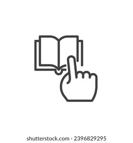 Reading book line icon. linear style sign for mobile concept and web design. Finger point on book outline vector icon. Study, learning symbol, logo illustration. Vector graphics