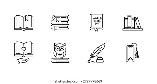 Reading and book line icons set, vector world book day education elements and library design illustrations, owl and literature outline icons