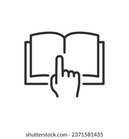 Reading a book, linear icon. Fingers flipping through the pages of a book. Open book. Line with editable stroke