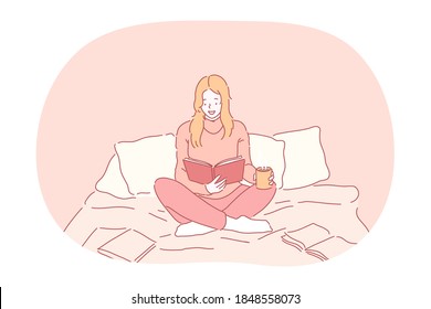 Reading book, literature, preparing for exam, studying in bed at home concept. Young teen smiling teen girl cartoon character sitting in bed with hot drink and reading book or studying 