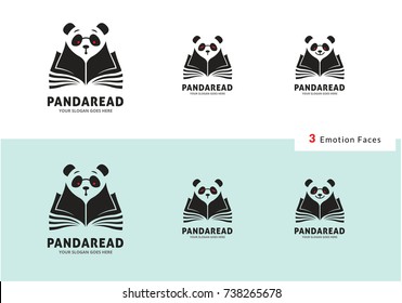 Reading Book Logo Design Template, Create with 3 Emotion Faces of Panda Animal
