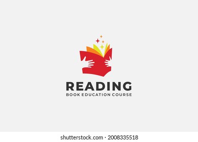 reading book logo with hand silhouette Open Book . book shape with twinkle star. Usable for Business, online course, book store and Education Logos. Flat Vector Logo Design Template Element.