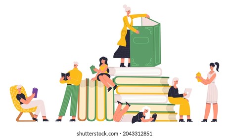 Reading book lover characters read paper books. People reading literature with huge book pile, reading hobby and education vector Illustration set. Reading characters concept education lover