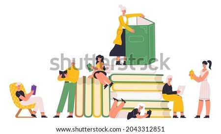 Reading book lover characters read paper books. People reading literature with huge book pile, reading hobby and education vector Illustration set. Reading characters concept education lover