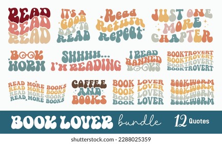 Reading Book Lover Quotes Collection Retro Wavy Groovy Typographic Art Bundle on white Background