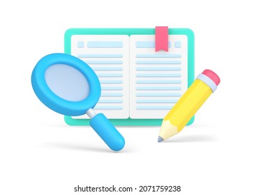 Reading book with magnifying glass and pencil for excretion important information 3d icon isometric vector illustration. Studying educational literature with bookmark for reminder isolated on white