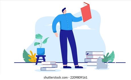 Reading book - Man standing with lots of books, reads and enjoys literature and learning. Cartoon vector illustration in flat design with white background