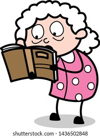 Reading Book - Old Woman Cartoon Granny Vector Illustration
