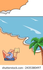 Reading Book on Beach Cartoon Illustration