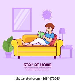 Reading book on the couch, stay at home vector flat illustration