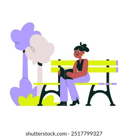 Lendo um livro em um banco de parque, uma mulher desfruta de lazer e relaxamento. Ilustração de vetor plano representando um parque exterior, isolado em um fundo branco.