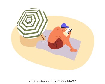 Lesen Buch am Sandstrand. Mann entspannt, sonnt sich im Sommerurlaub. Person Leser ruht im Urlaub. Entspannung unter einem Regenschirm an einem sonnigen Tag. Flache Vektorillustration isoliert auf weißem Hintergrund