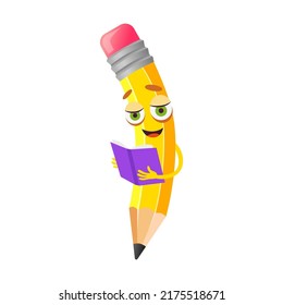 Reading book pencil cartoon character vector illustration. Funny and happy comic writing tool with smiling face, animated mascot holding book, isolated on white