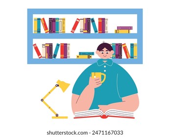 Reading a book quietly while drinking hot tea in the library, vector illustration.