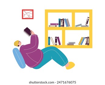 Reading a book in a relaxed position in the library at home, vector illustration.