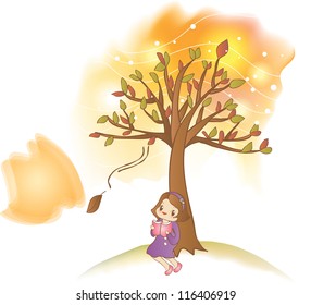 Reading a Book - relaxing a happy smiling lovely young girl with colorful autumnal leaves in romantic garden on a white background and a beautiful evening twilight : vector illustration