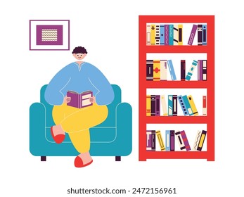Reading a book relaxing on a library sofa, vector illustration.