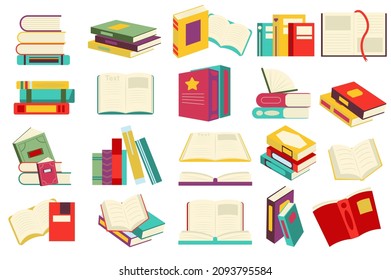 Reading book set in flat cartoon design. Stacks of books or textbook, open pages with bookmarks, literature of different genres. Library or bookstore collection isolated elements. Vector illustration