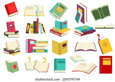 Reading book set in flat cartoon design. Stacks of books at bookstore or library. Student or reader bookshelf pack. Literature of different genres collection isolated elements. Vector illustration