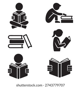 Reading book silhouette icon set. Reader, education, learning, learn. Read book symbol