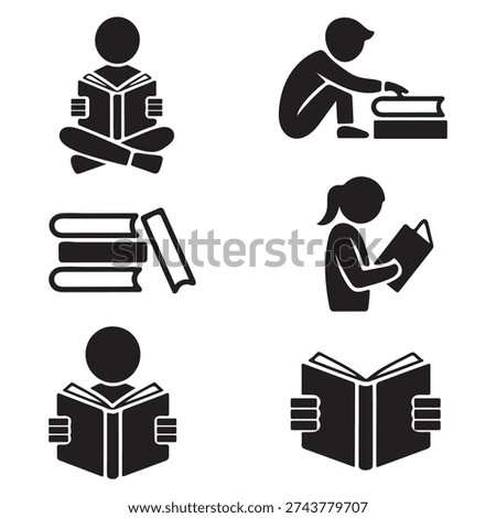 Reading book silhouette icon set. Reader, education, learning, learn. Read book symbol