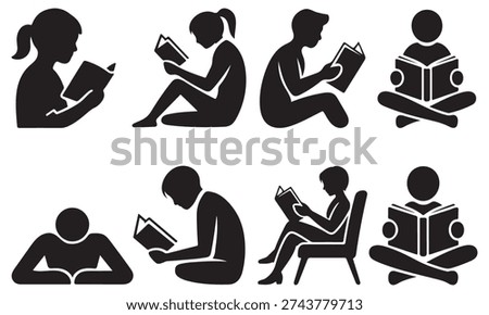 Reading book silhouette icon set. Reader, education, learning, learn. Read book symbol vector on white background