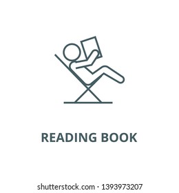 Reading book, sitting in chair vector line icon, linear concept, outline sign, symbol