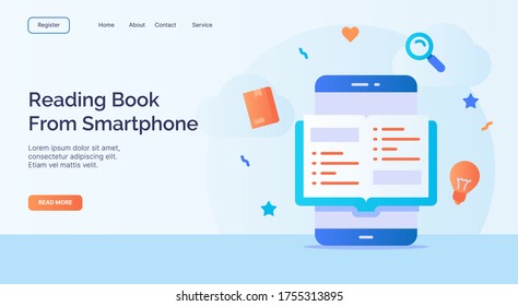 Lesen des Buches von Smartphone für die Website der Kampagne Startseite Startseite Vorlage mit ausgefüllter Farbe und modernem Design, Vektorgrafik
