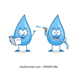 Reading book and spraying water water drop humanized cartoon character vector illustration mascot for world water day