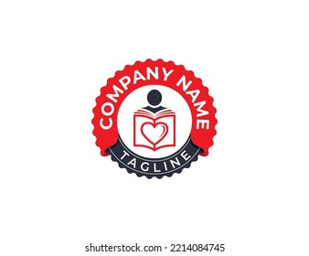Reading Book Stamp Badge Logo Concept sign icon symbol Design Element. Human, Heart, Love, Education, People Logotype. Vector illustration template