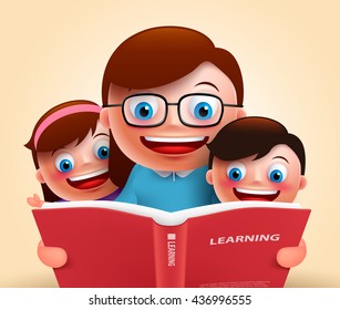 Reading book for story telling by happy smiling teacher and kids holding red book for learning. Vector illustration
