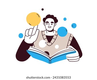 Reading book, studying. Creative education, knowledge concept. Happy man reader with paper literature. Student learner learning, imagining. Flat vector illustration isolated on white background