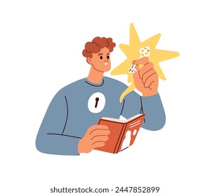 Reading book, studying, learning. Key to knowledge, education concept. Man finding answers in literature, ideas, unlocking secrets. Flat graphic vector illustration isolated on white background