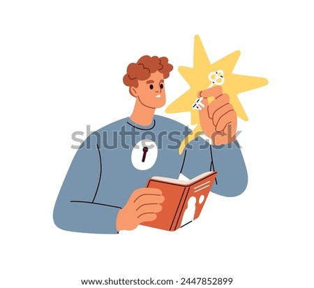 Reading book, studying, learning. Key to knowledge, education concept. Man finding answers in literature, ideas, unlocking secrets. Flat graphic vector illustration isolated on white background