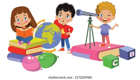 Reading Book Telescope Review Curious Hardworking Cute Children