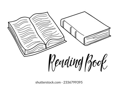 Reading Book text. Books linear sketch black and white. Outline doodle open and close books and calligraphy lettering. Education sign. Vector illustration for back to school, educational supplies