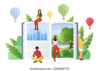 Reading book and textbook to expand horizons and knowledge vector illustration. Cartoon tiny people open door to abstract imagination and wisdom space, read literature from bookstore or library