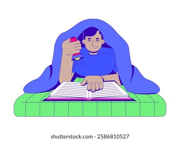 Reading book under blanket with flashlight cartoon flat illustration. Study homework nostalgia. Bedtime stories. Bookworm lifestyle 2D character isolated on white background. Vector colorful image