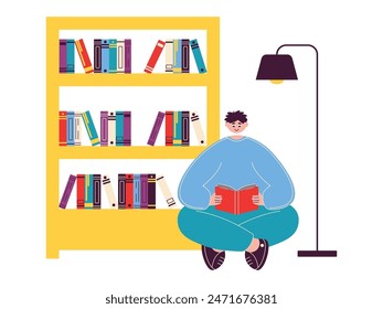 Leer un libro bajo una lámpara de lectura en una mini Biblioteca, Ilustración vectorial.