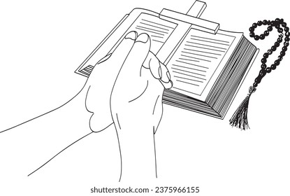 Reading Book Vector - Cartoon Illustration of People with Holy Bible Concept, Holy Book and Cross on Rope - One-Line Sketch Cartoon Illustration of Faith and Belief