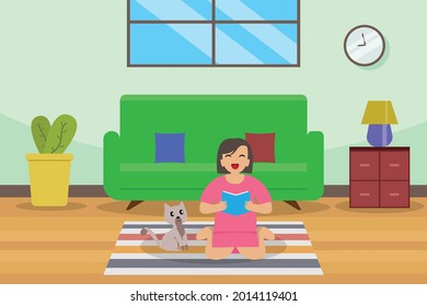 Reading book vector concept: Cute daughter reading a book with her cat at home while enjoying leisure time 