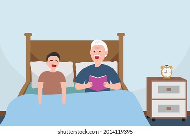 Concepto vectorial de libro de lectura: El abuelo lee un libro para su lindo nieto en la cama 