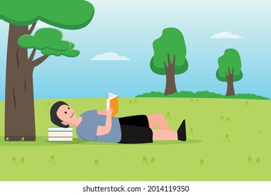 Reading book vector concept: Little son reading a book in the park while lying on the pile of books 