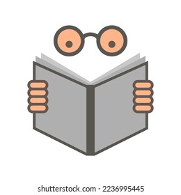 Reading book vector icon. Man with round glasses reading a book. 