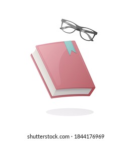 Reading book. Vector illustration. Glasses and closed book . Isolated on white background.
